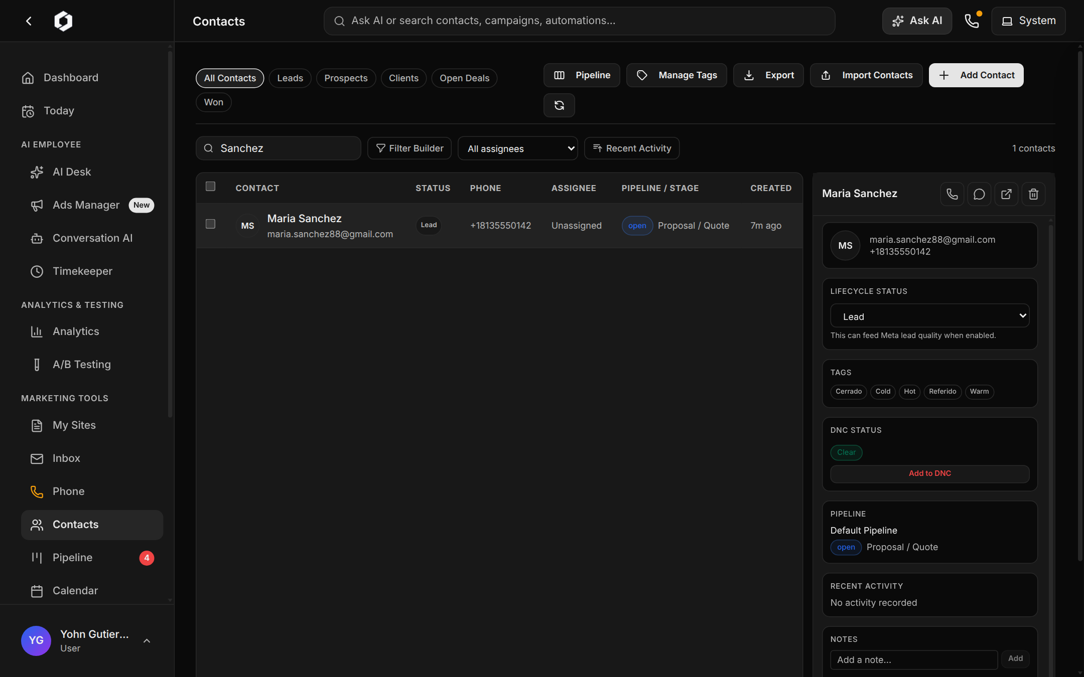 LeedAgent contacts with full lead profile, pipeline stage, tags, and DNC status