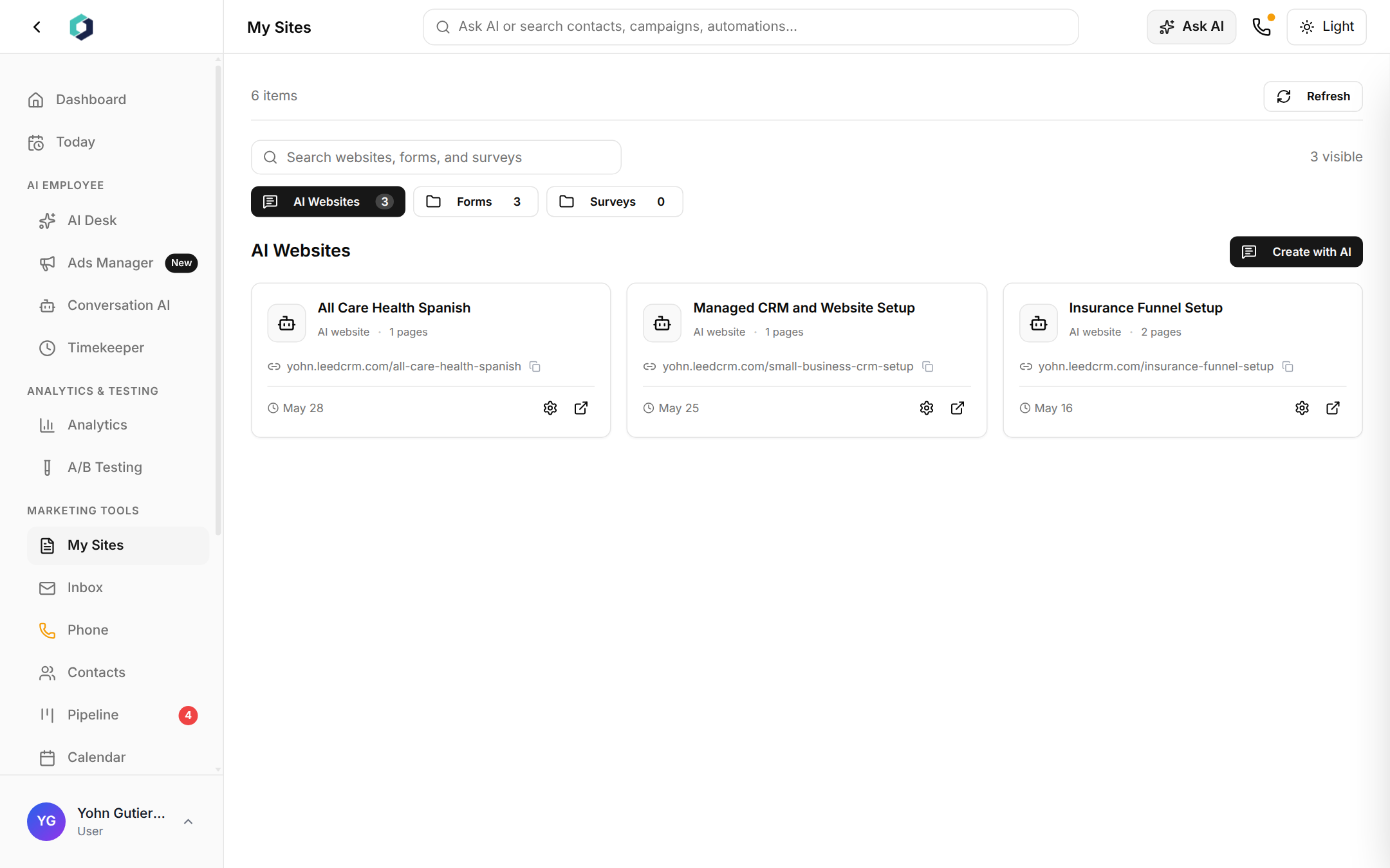 LeedAgent My Sites showing AI-built websites