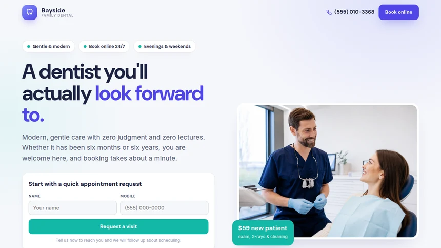 Bayside Family Dental website example built by LeedAgent