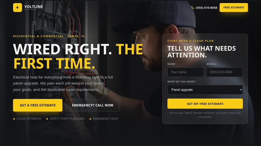 Voltline Electric website example built by LeedAgent
