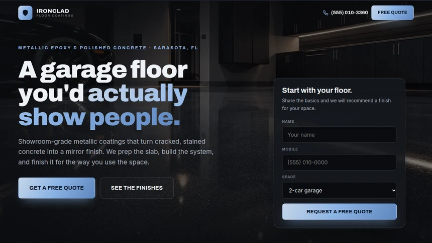 Ironclad Floor Coatings website example built by LeedAgent