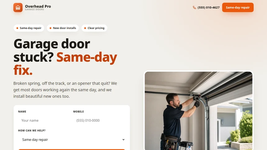 Overhead Pro Garage Doors website example built by LeedAgent