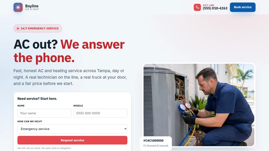 Bayline Air & Heat website example built by LeedAgent