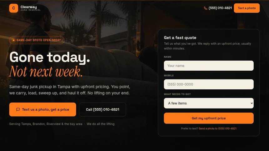 Clearway Junk Removal website example built by LeedAgent