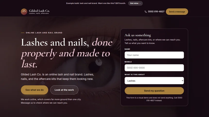 Gilded Lash Co. online beauty brand website example built by LeedAgent