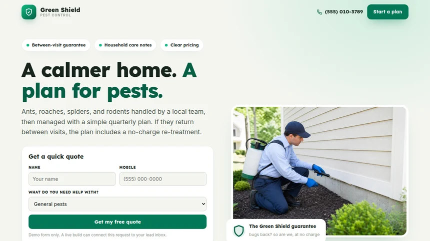 Green Shield Pest Control website example built by LeedAgent