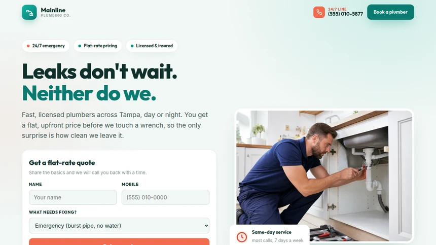 Mainline Plumbing Co. website example built by LeedAgent