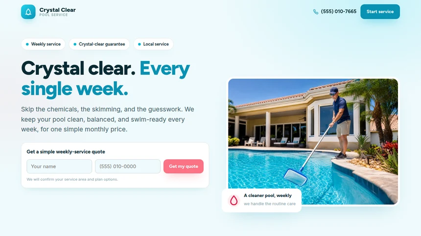 Crystal Clear Pool Service website example built by LeedAgent