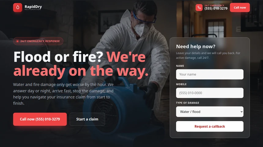 RapidDry Restoration website example built by LeedAgent