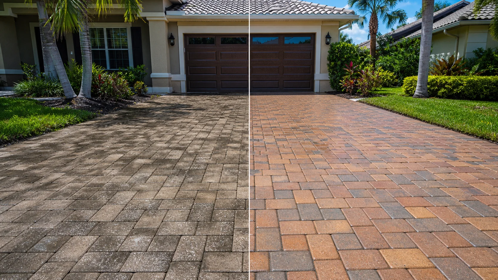 Illustrative example of how paver cleaning and sealing may refresh a driveway surface