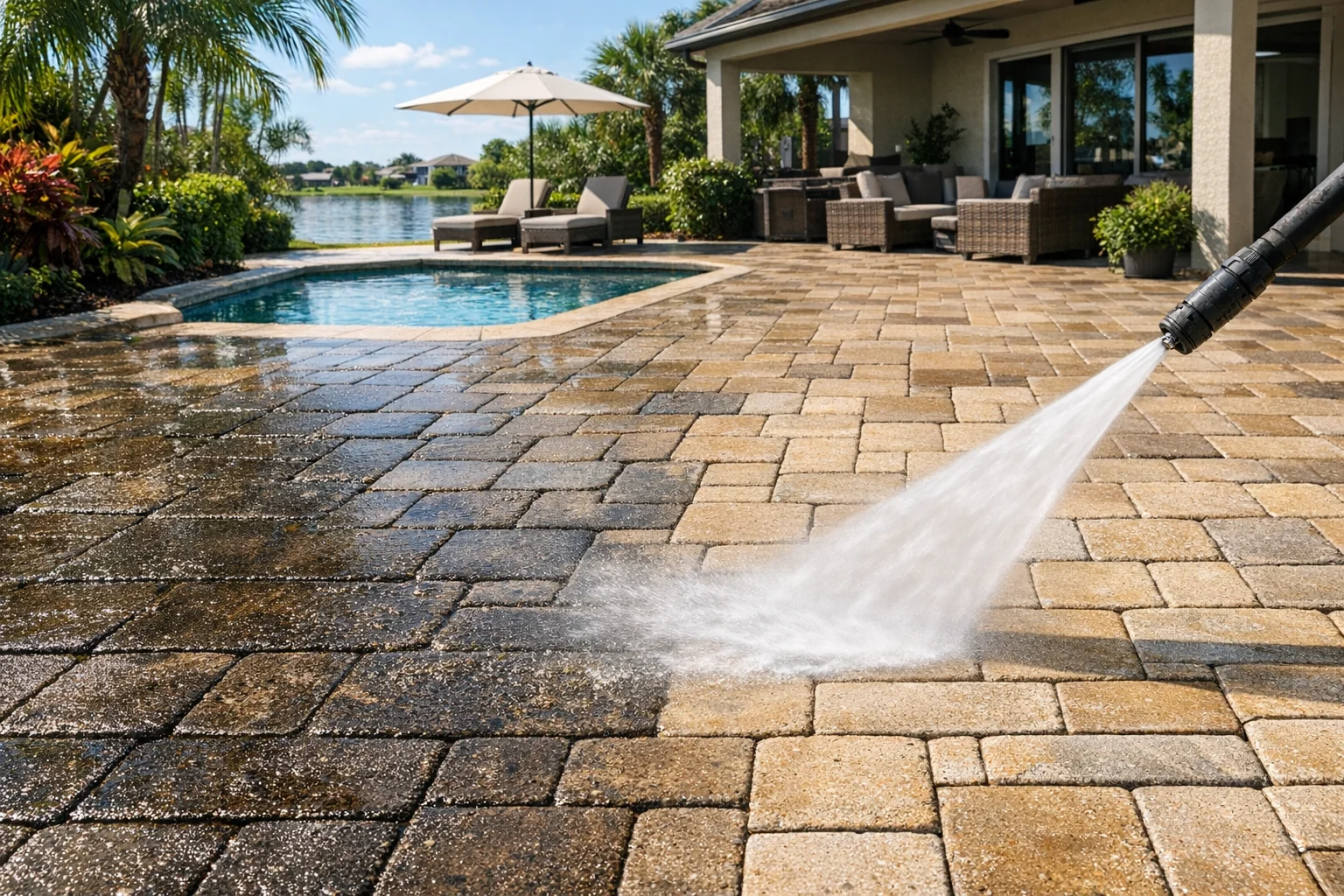 Pressure washed exterior pavers
