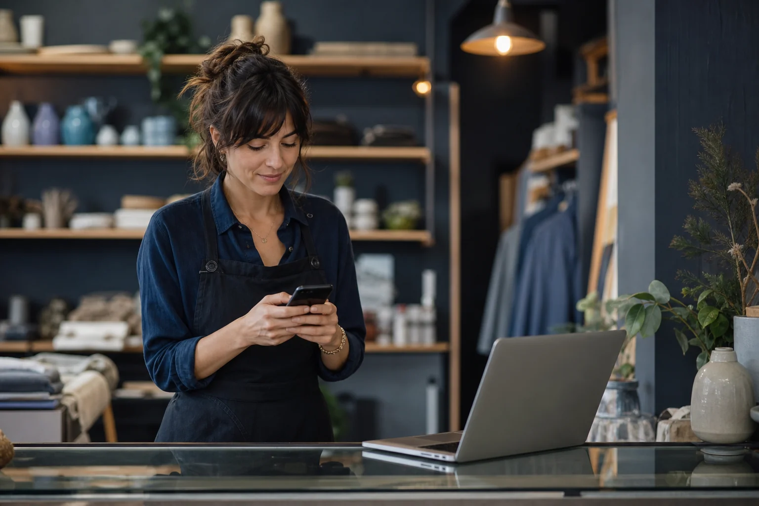 A small-business owner checking their phone at the counter of their shop