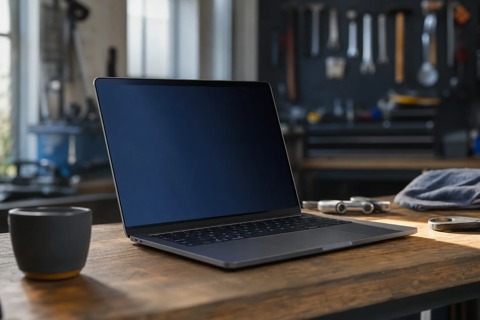 A clean laptop on a workbench in a small service business workspace