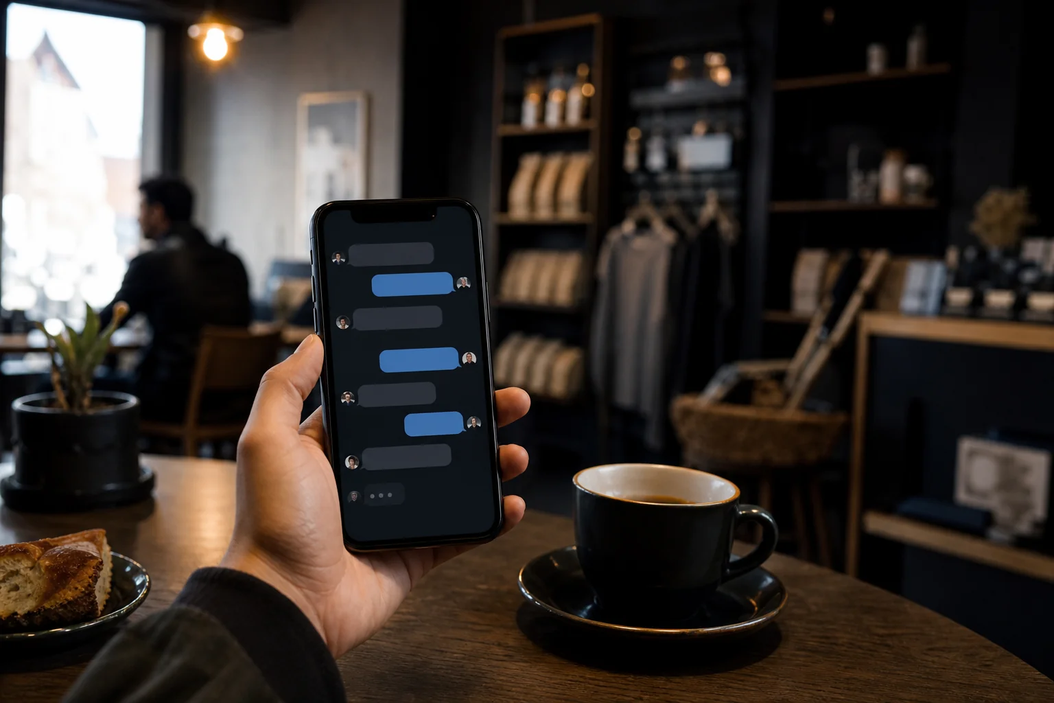 A person's phone showing an active chat conversation in a small shop setting