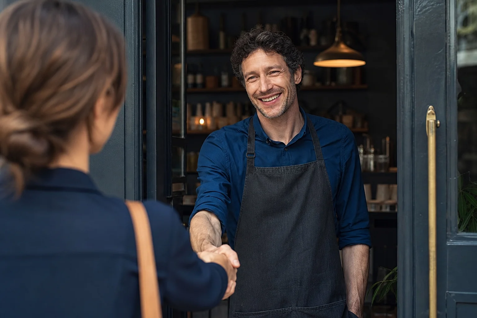 A small-business owner greeting a customer at the front door