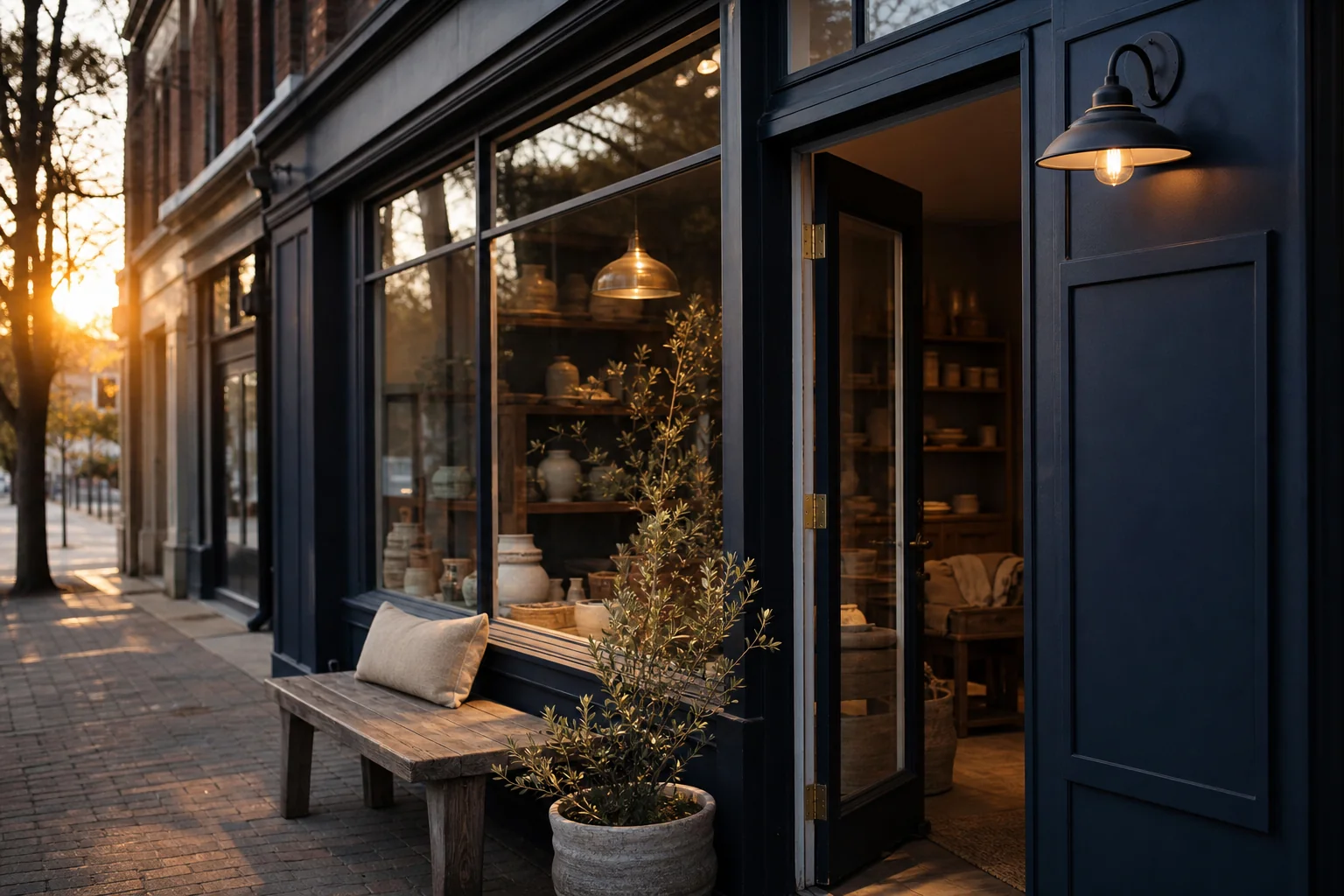 A warm small-business storefront viewed from the sidewalk