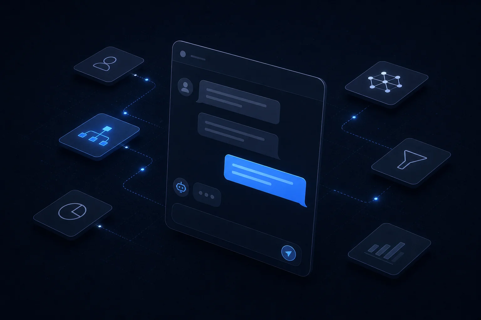 A conversational AI chat interface panel with a blue reply highlight on a dark canvas