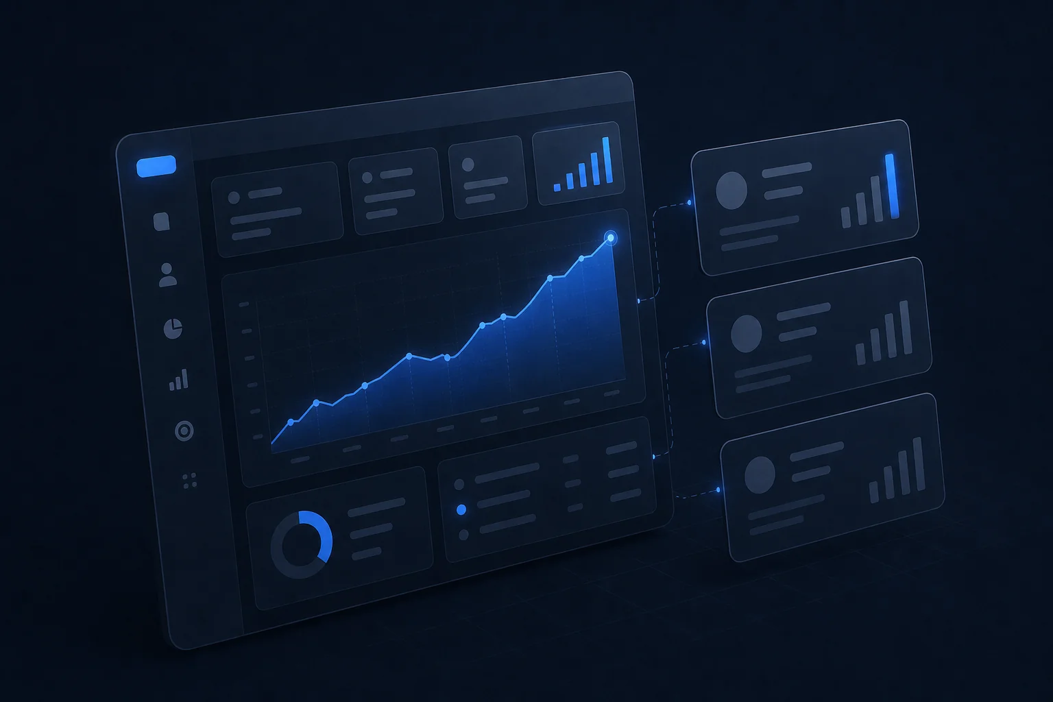 A leads dashboard with a rising chart and lead cards on a dark canvas with a blue highlight