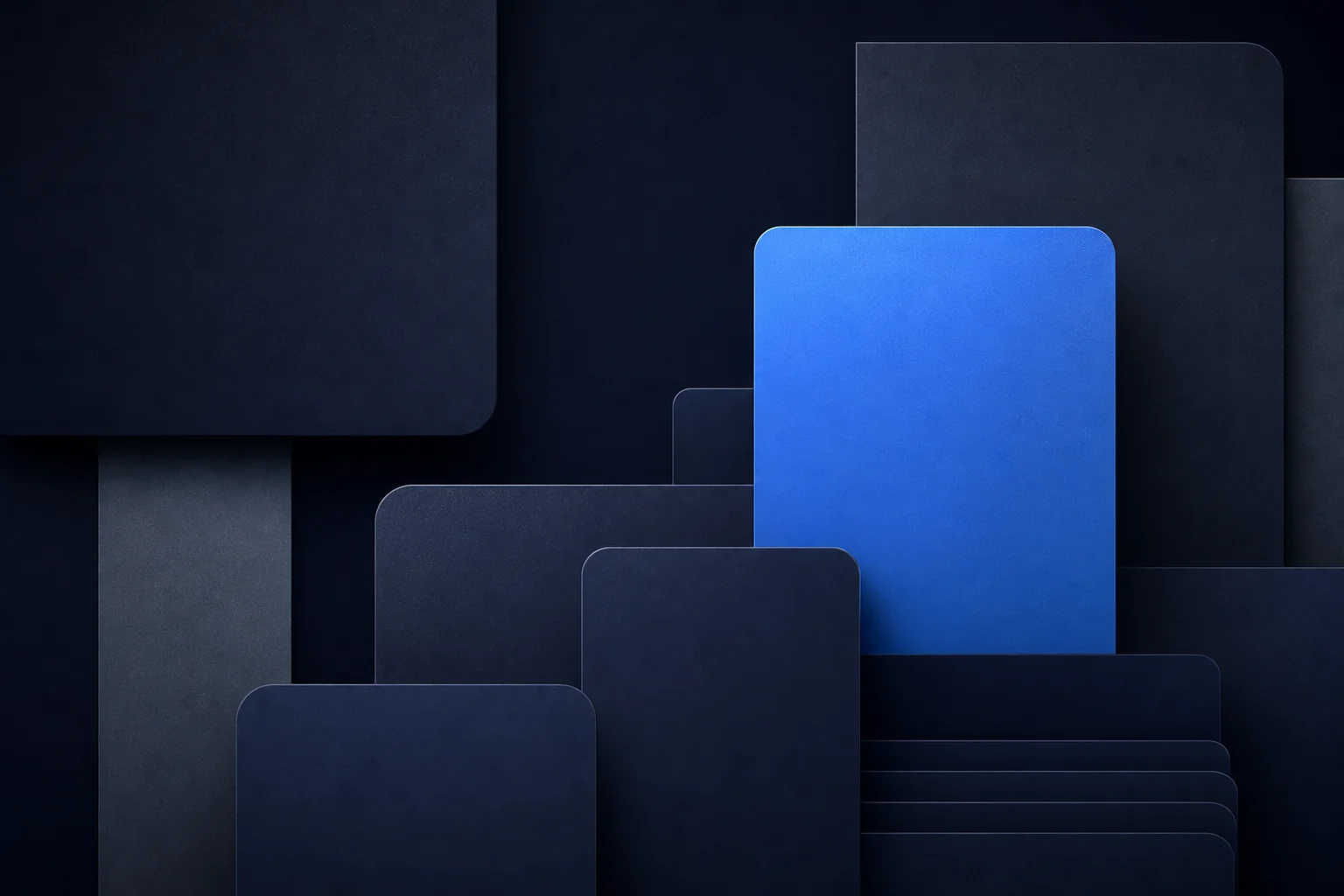Abstract geometric illustration of stacked cards and a grid on a dark navy canvas with a blue accent