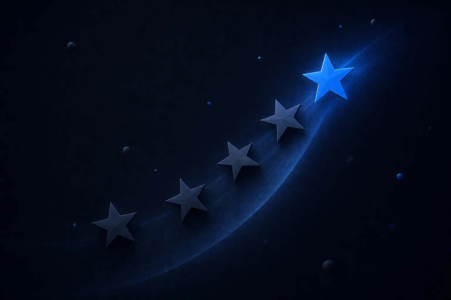 Abstract illustration of star shapes and an upward arc on a dark navy canvas with a blue accent