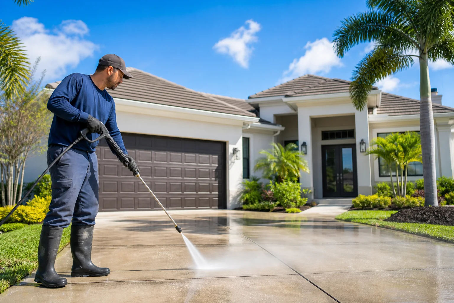 Pressure washing technician cleaning a driveway on a bright day