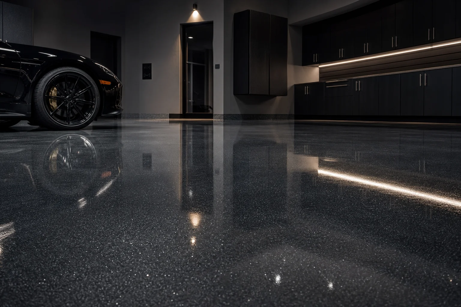 Glossy metallic epoxy garage floor