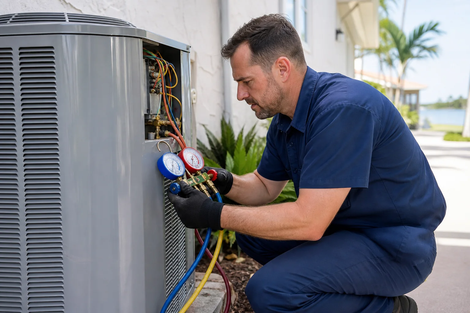 HVAC technician servicing an AC unit
