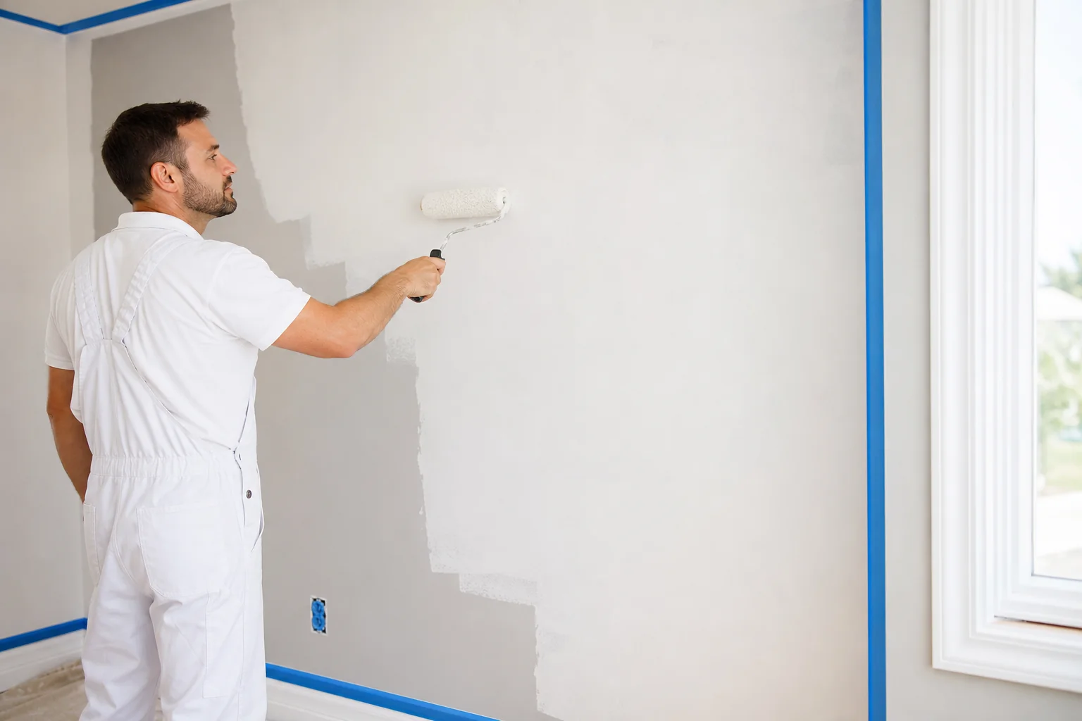 Painter rolling a fresh wall