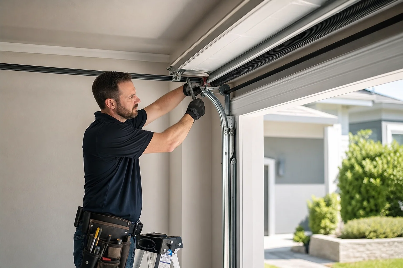 Technician repairing a garage door