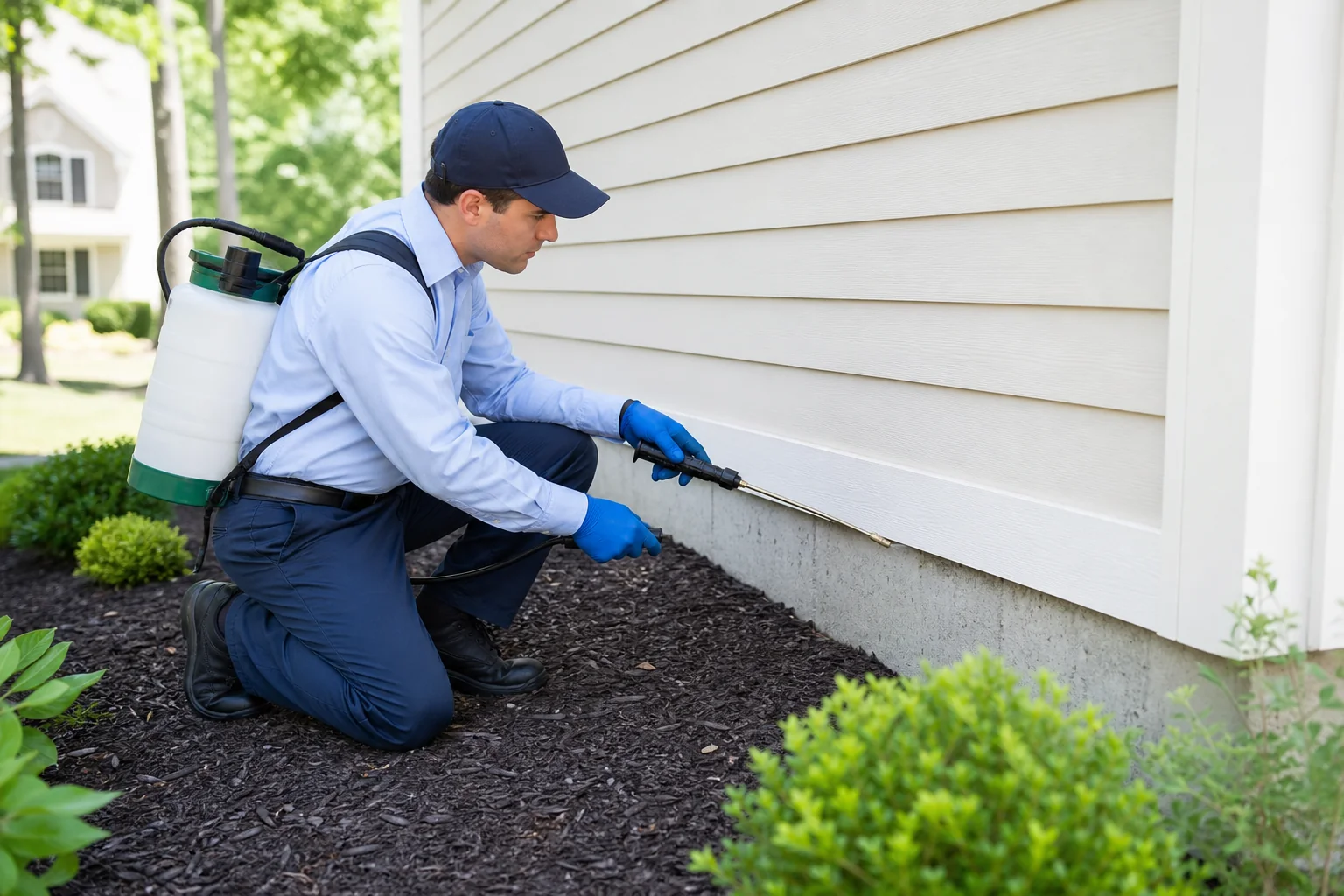 Pest control technician treating a home