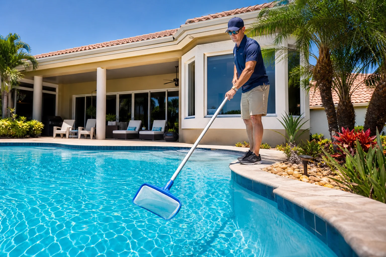 Pool technician cleaning a sparkling pool