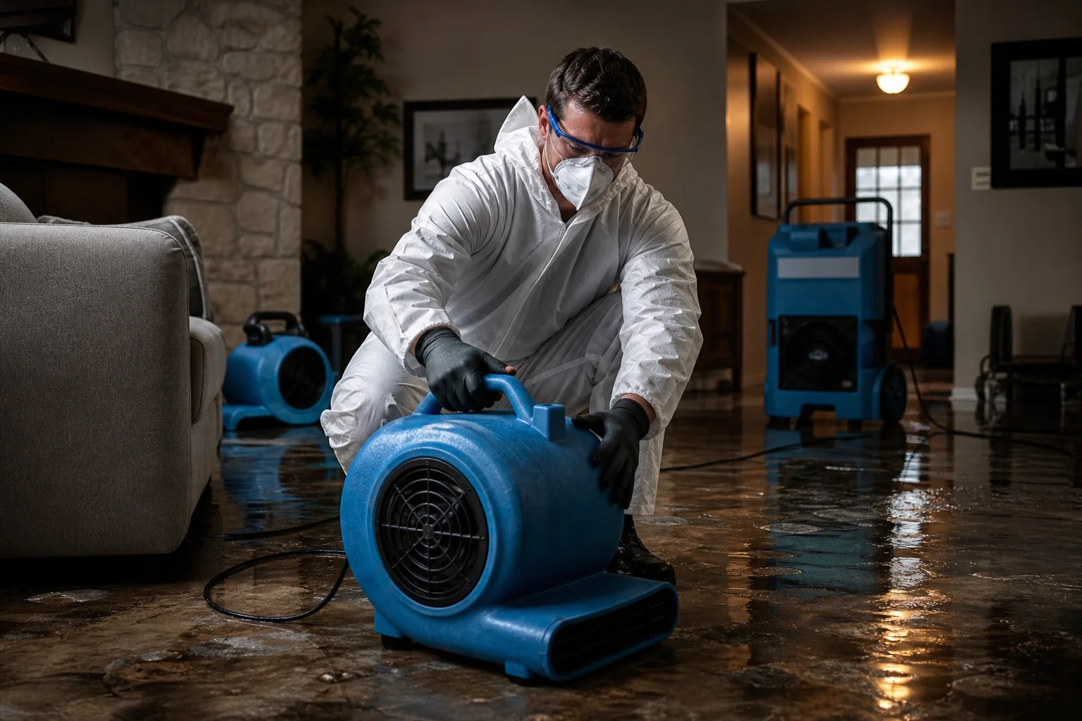 Restoration technician drying a flooded home