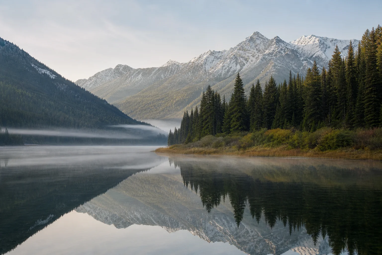 Quiet valley with a still lake, evergreen forest, and distant hills in soft morning light