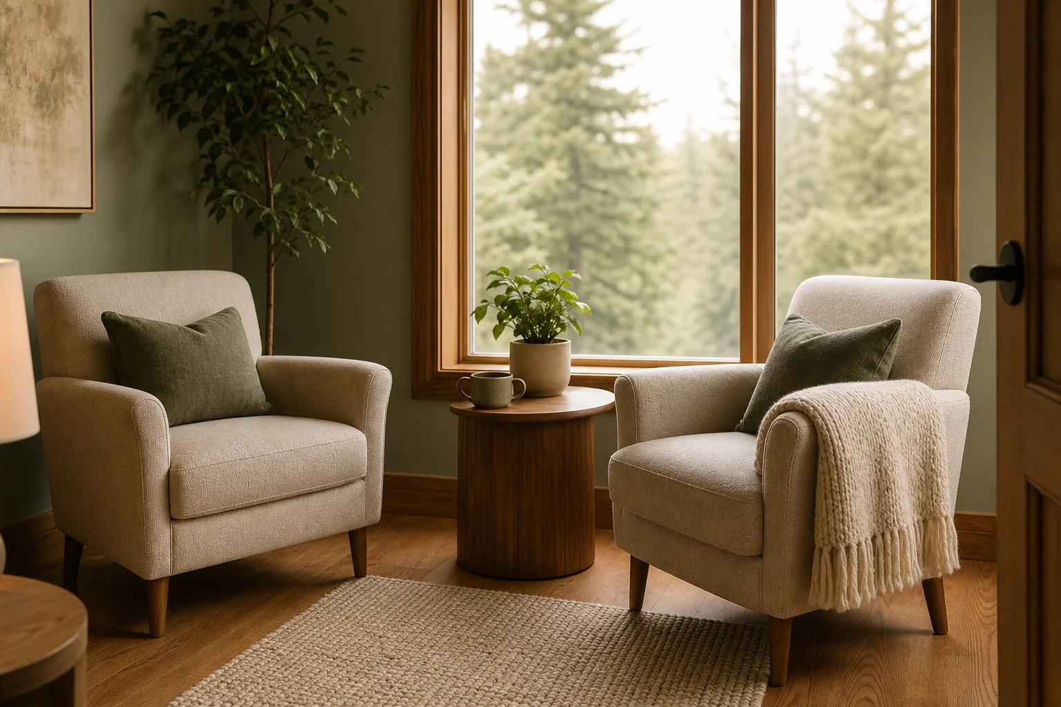 Two comfortable armchairs facing each other in a warm, quiet counseling room with daylight from a tall window