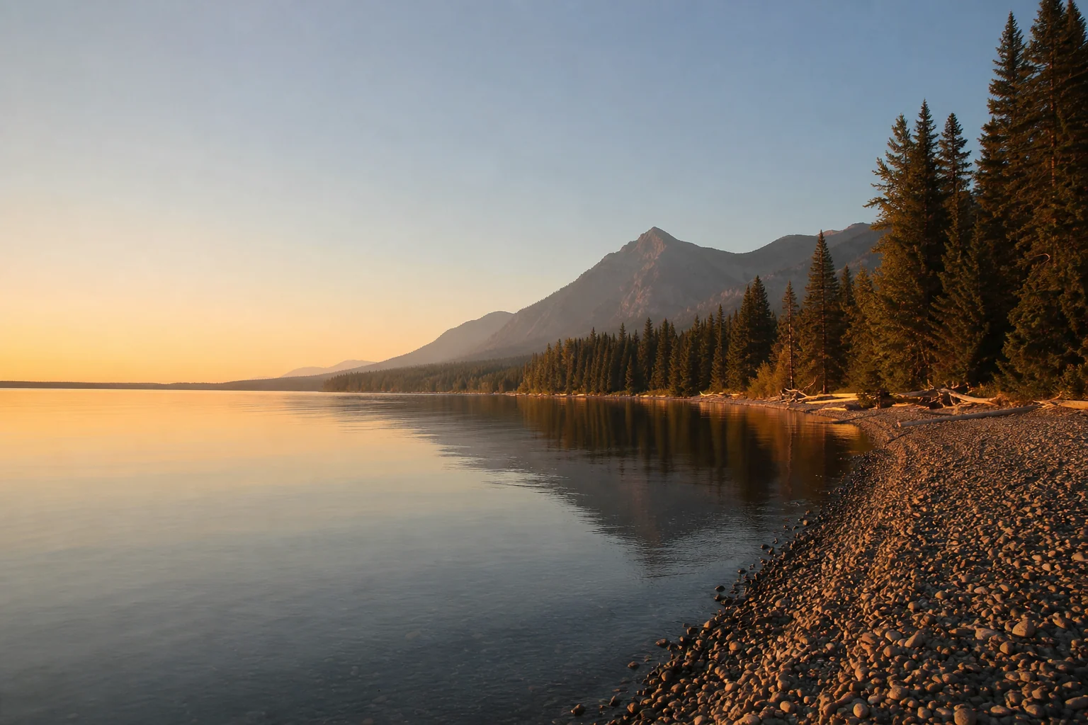 A still lakeshore at golden hour with an evergreen treeline and a soft hillside silhouette