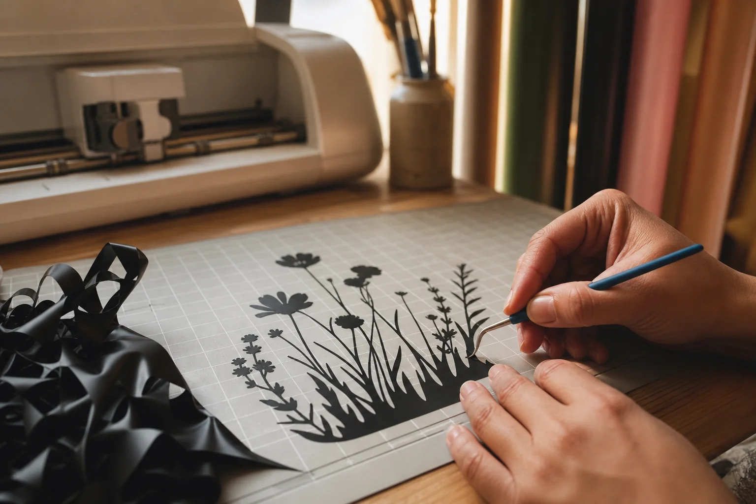 Hands weeding excess vinyl away from a freshly cut wildflower decal on a craft bench