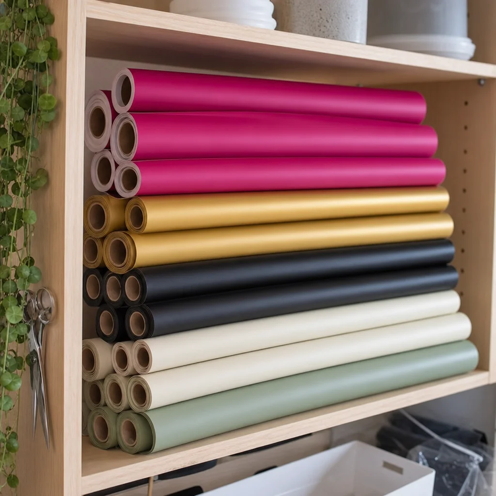Rolls of coloured adhesive craft vinyl stacked on a wooden shelf