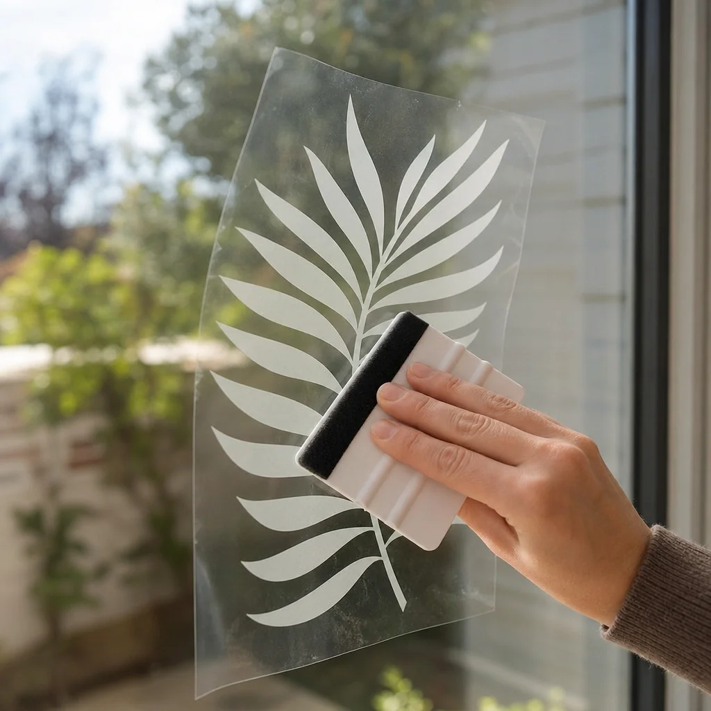 A hand squeegeeing a leaf decal on transfer tape onto a clean pane of glass