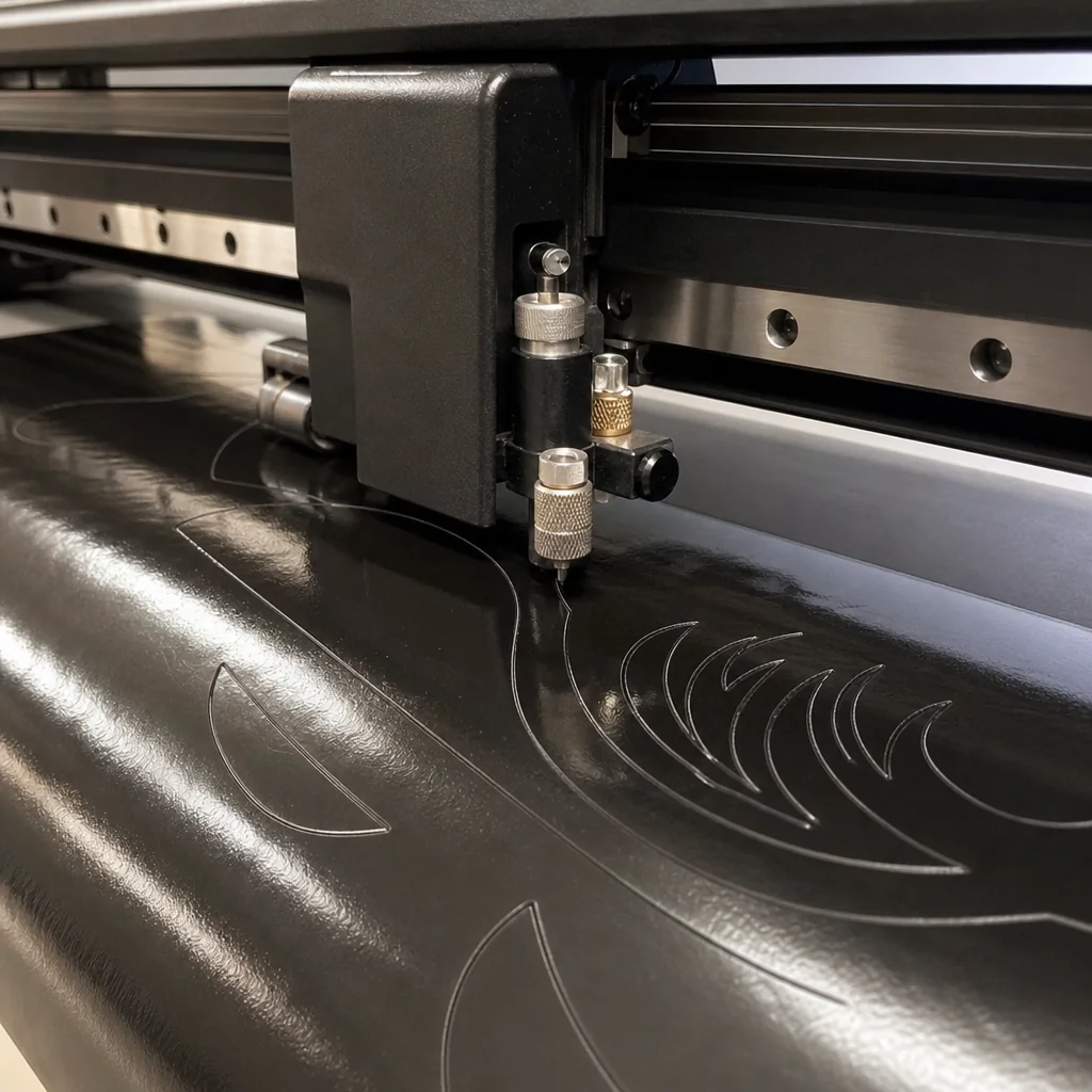 A cutter blade tracing a curved shape into a sheet of glossy black vinyl