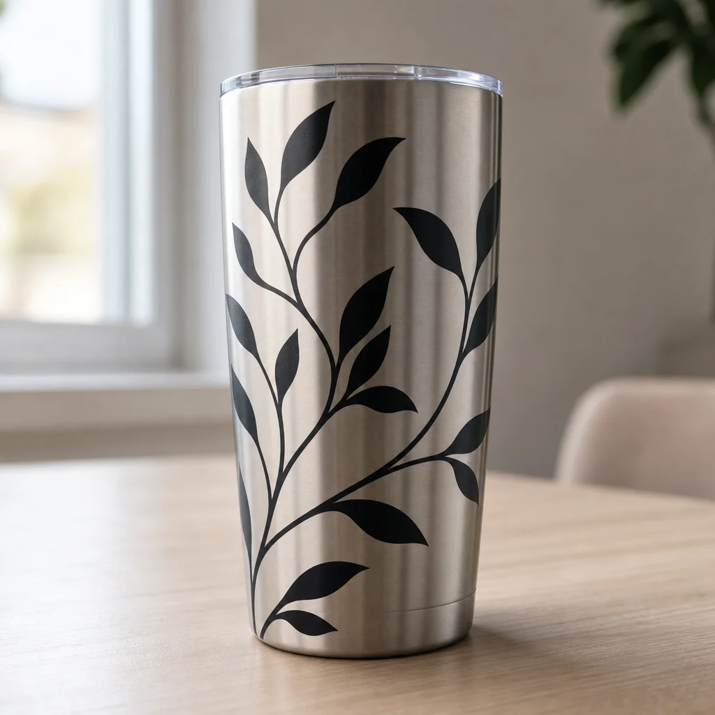 A black leafy vine decal applied around the side of a steel tumbler