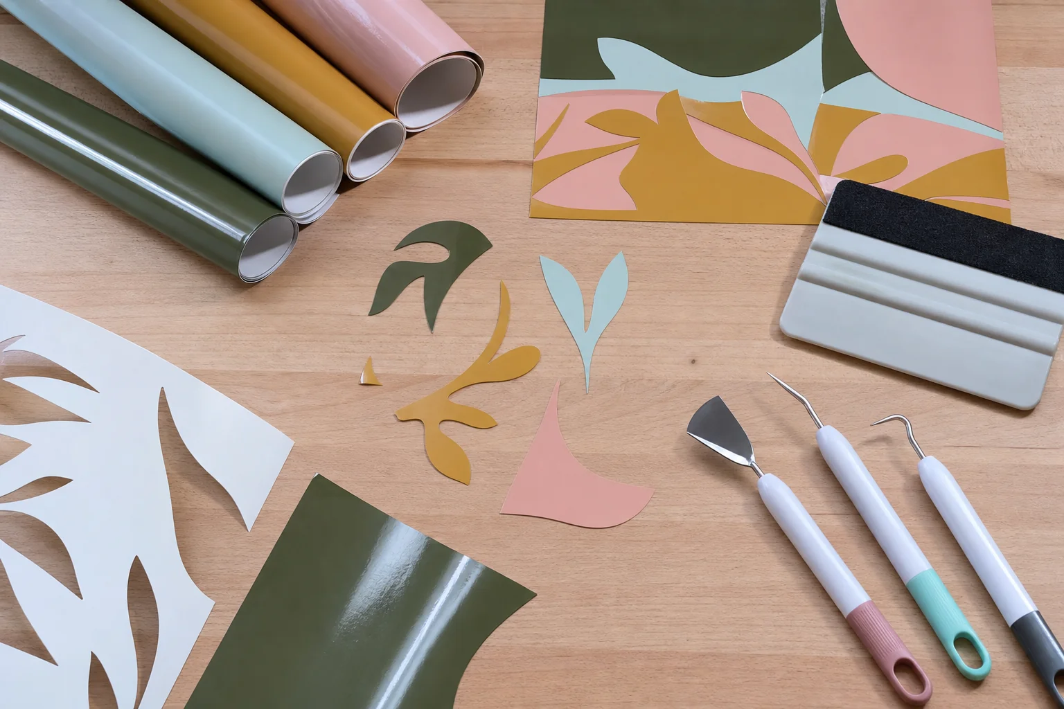 Cut vinyl shapes, weeding tools and a squeegee laid out on a craft workbench