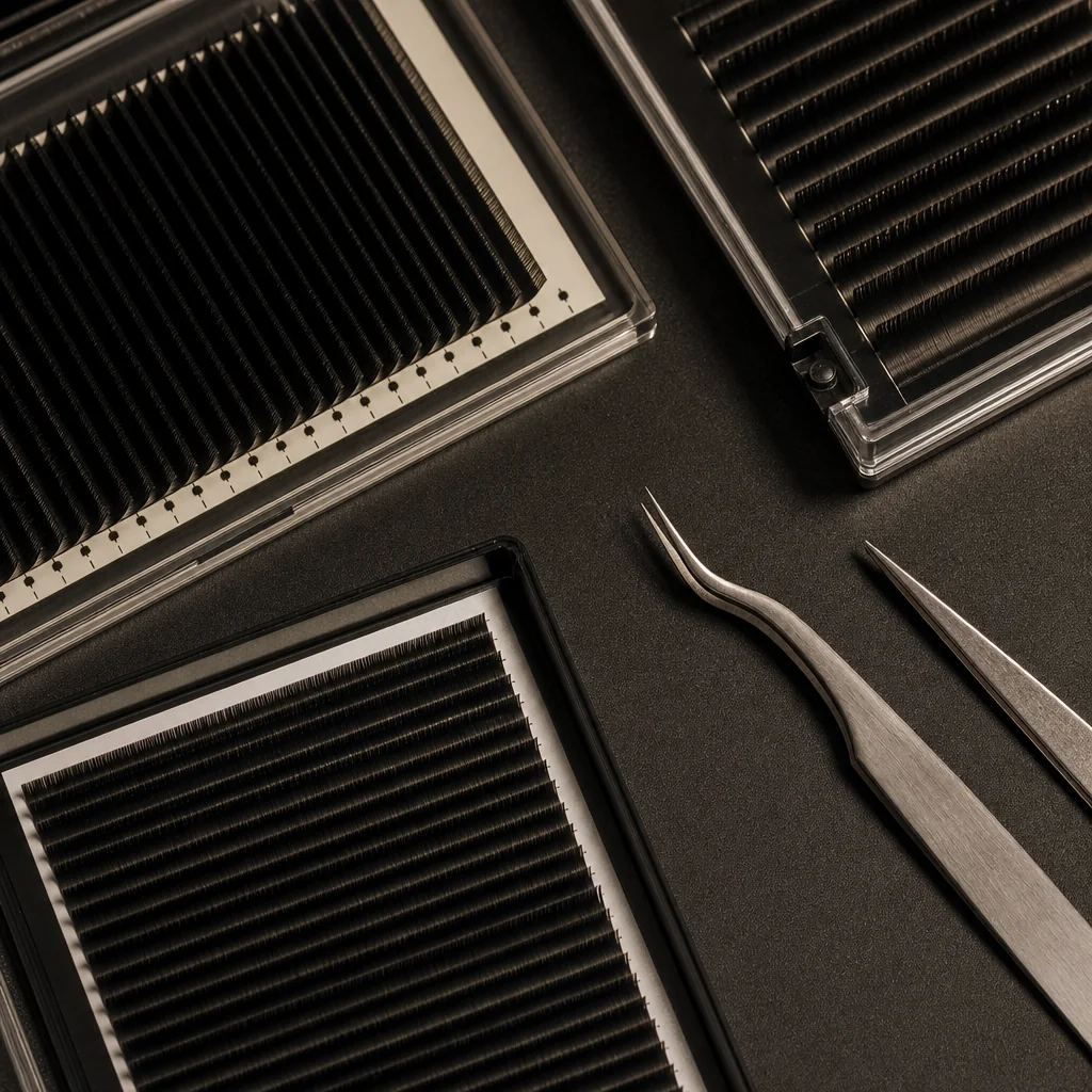 Trays of individual lash extensions beside fine steel tweezers