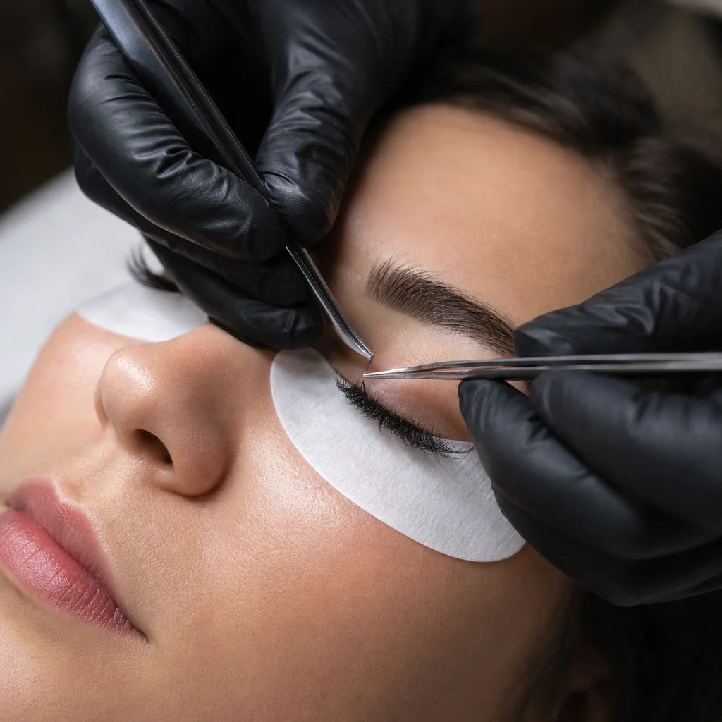 A lash technician placing an individual lash extension with fine tweezers