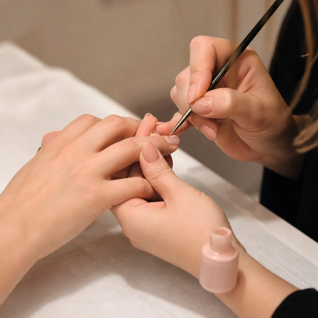 A nail technician painting a nail with a fine brush at a manicure table