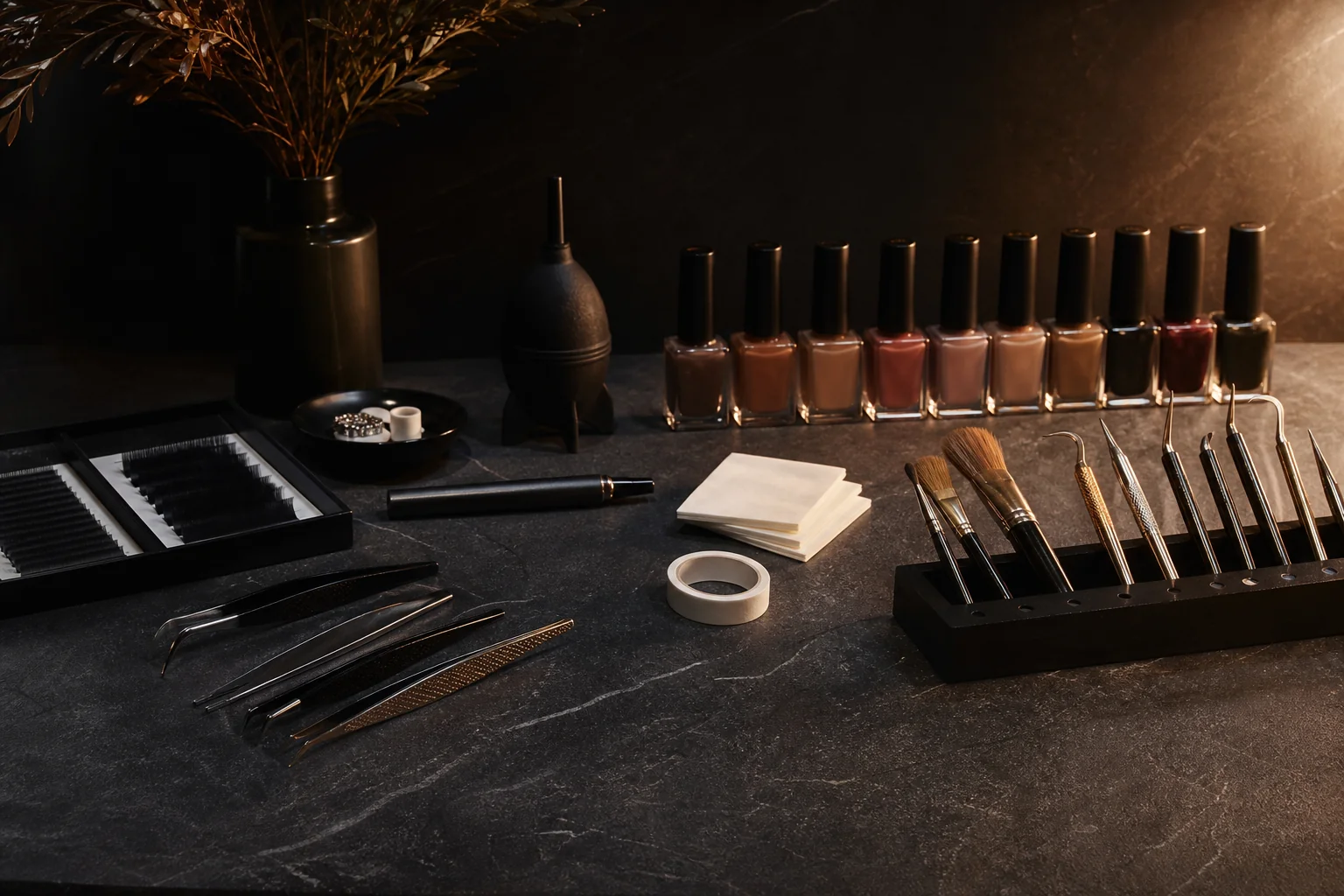 Lash trays, tweezers, nail polish bottles and brushes on a dark work surface