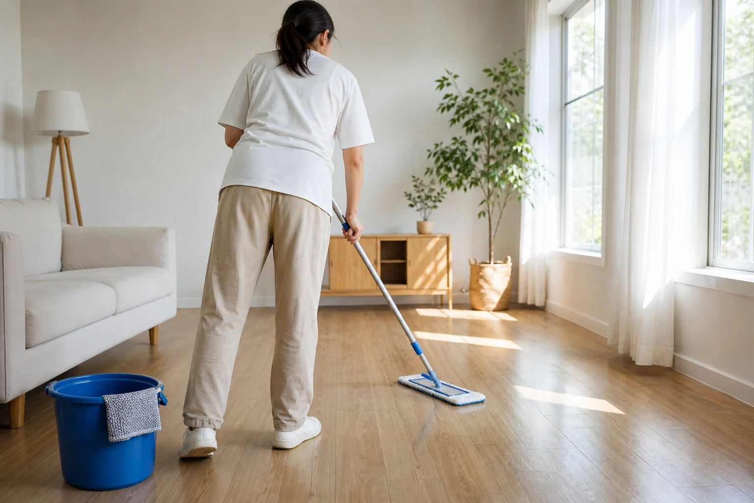 A bright living room floor being mopped in daylight