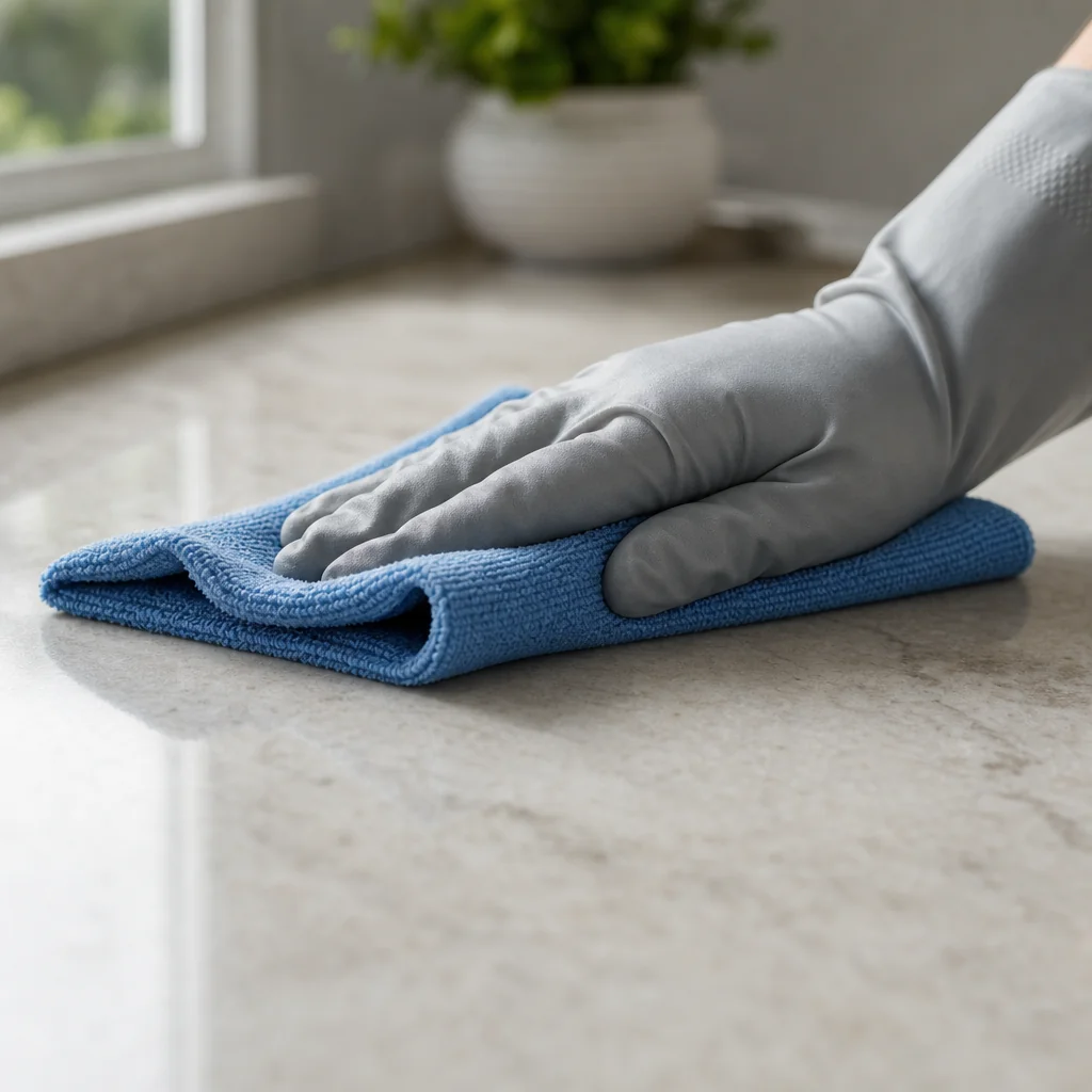 A gloved hand wiping a stone kitchen countertop with a microfiber cloth