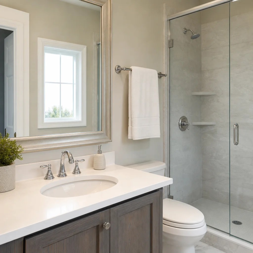 A clean bathroom with a spotless white sink and a clear mirror