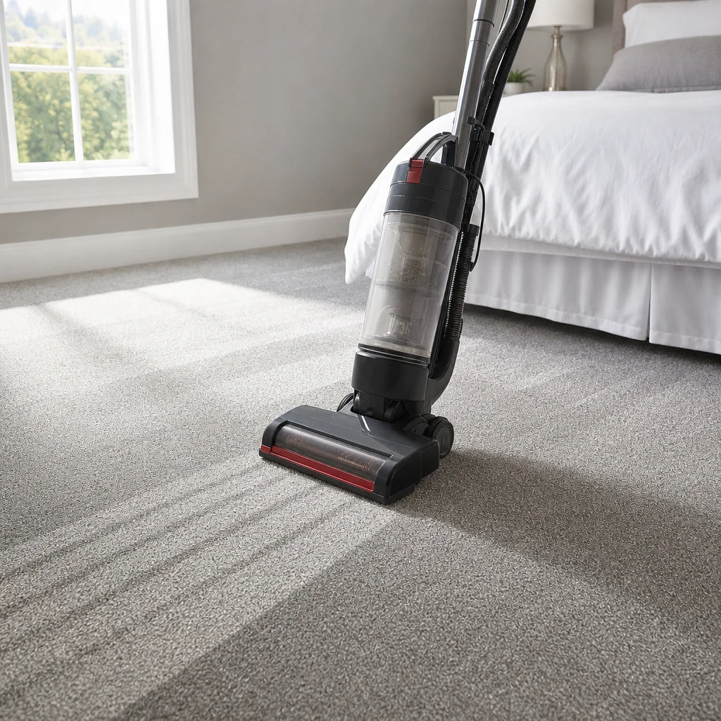 A vacuum on a light grey carpet with fresh lines in the pile