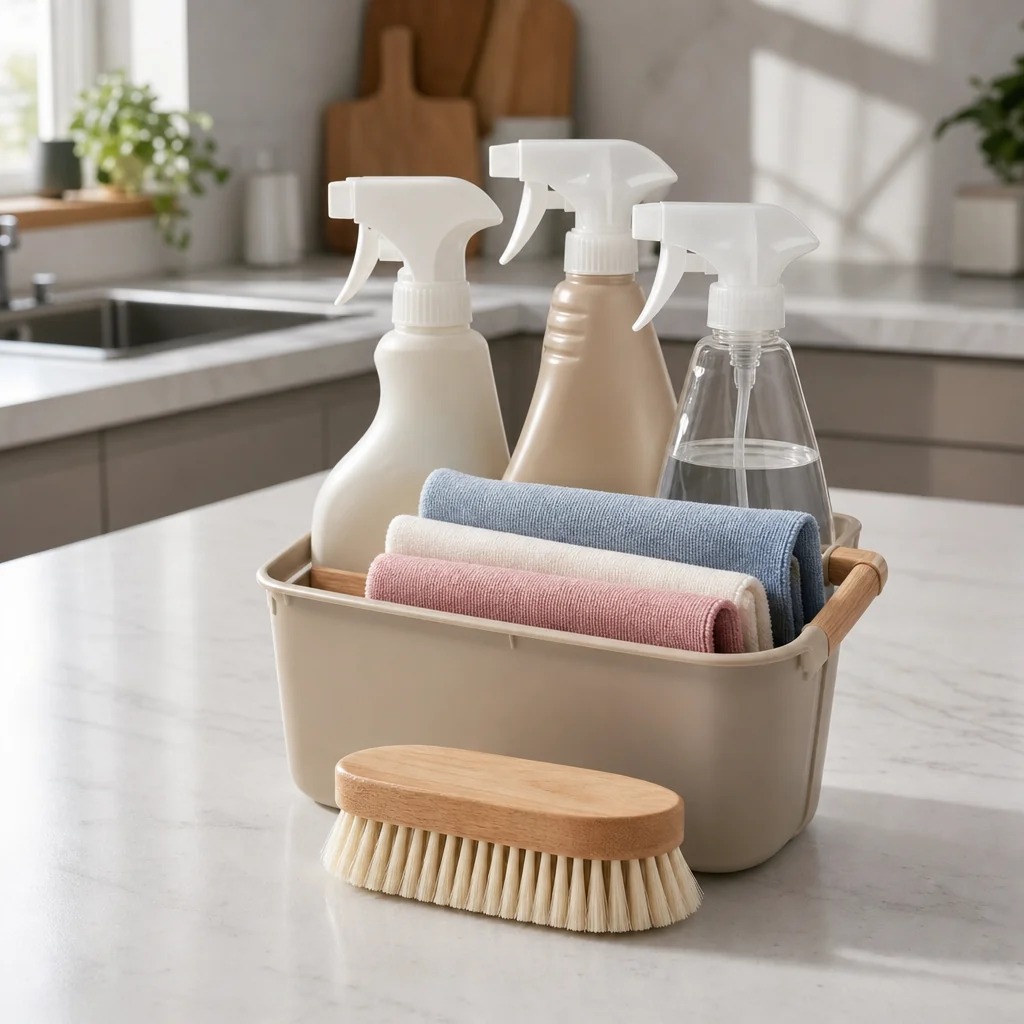 A cleaning caddy with plain spray bottles, cloths and a scrub brush on a counter